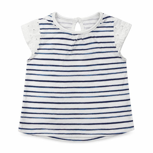 F&F Girls Blue Striped Cotton Basic T-Shirt Size 0-3 Months Crew Neck Button