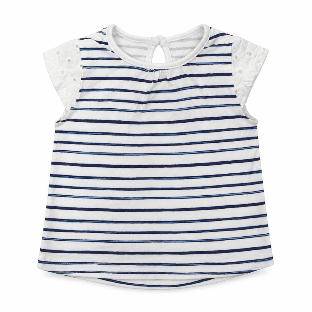 F&F Girls Blue Striped Cotton Basic T-Shirt Size 0-3 Months Crew Neck Button