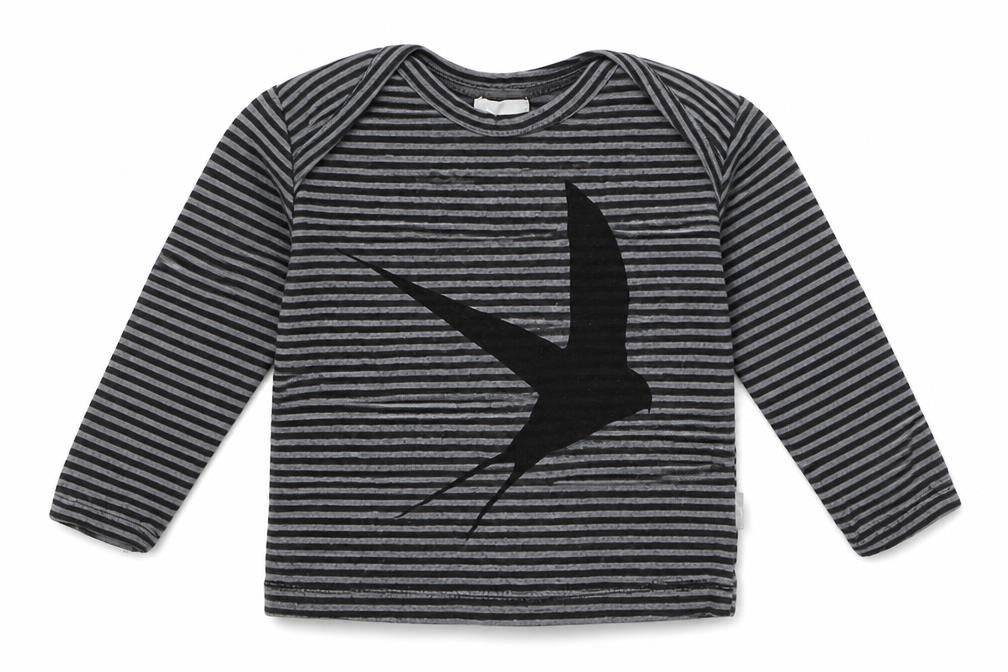 Front view of Preworn boys’ grey striped cotton basic t-shirt, size 0-3, months crew neck pullover