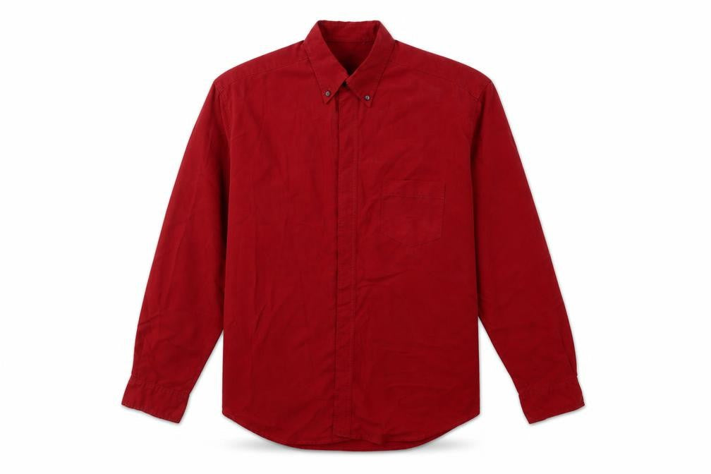 Front view of johnathan adams men’s red modal button-up, size S, collared button