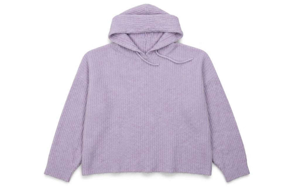 Front view of New Look women’s purple acrylic pullover hoodie, size L, pullover