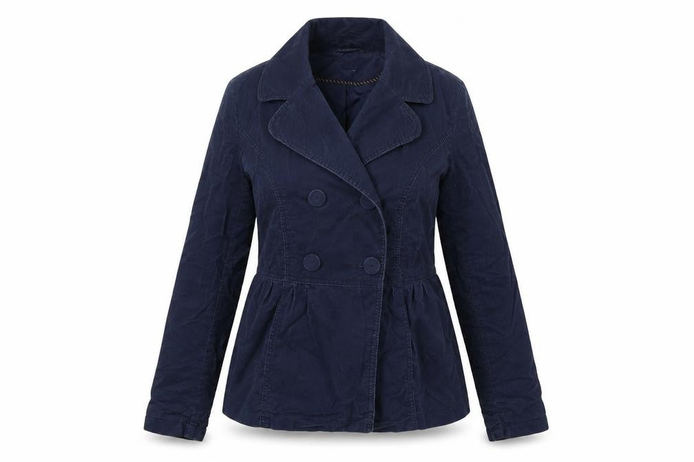 Front view of Marks & Spencer women’s blue jacket, size UK 12, button