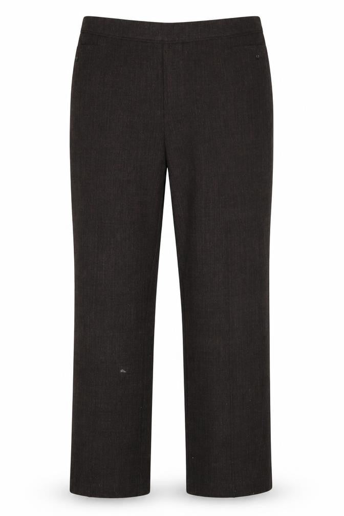 Front view of Marks & Spencer men’s brown polyester trousers, size 20, 28-inch leg regular