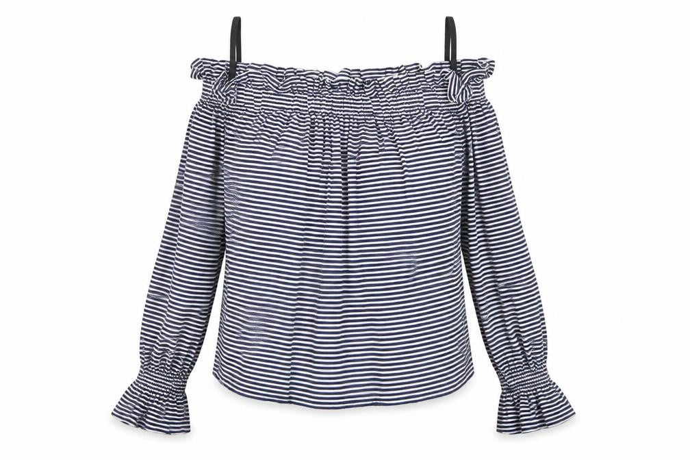 Front view of Atmosphere women’s multicoloured striped viscose basic t-shirt, size UK 6, boat neck