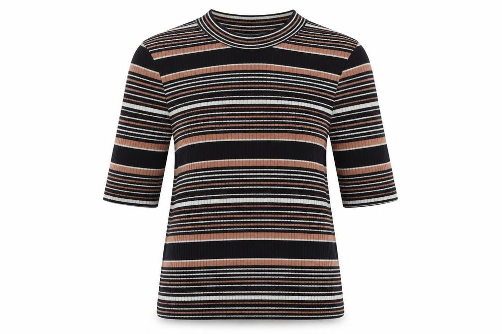 Front view of Topshop women’s multicoloured striped polyester basic t-shirt, size UK 8, round neck