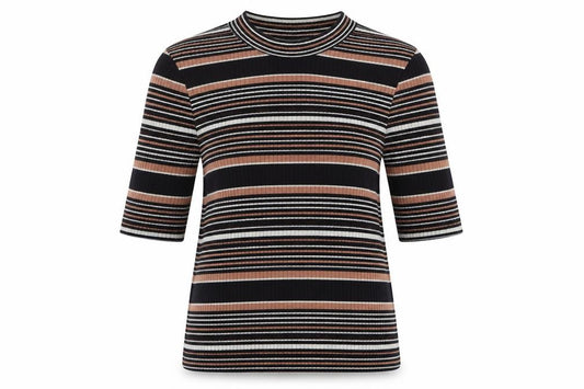Front view of Topshop women’s multicoloured striped polyester basic t-shirt, size UK 8, round neck