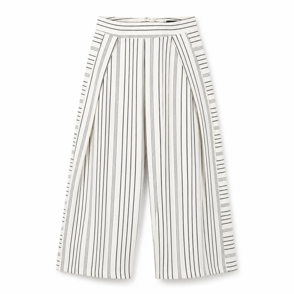 Front view of Topshop women’s multicoloured striped polyester cropped trousers, size UK 6, 22-inch leg regular