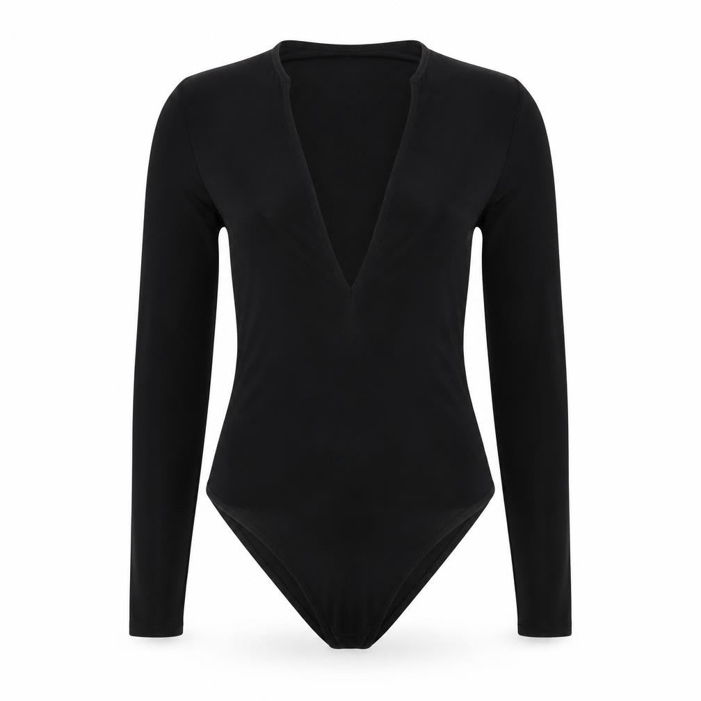Front view of EDGE women’s black polyester bodysuit one-piece, size UK 8