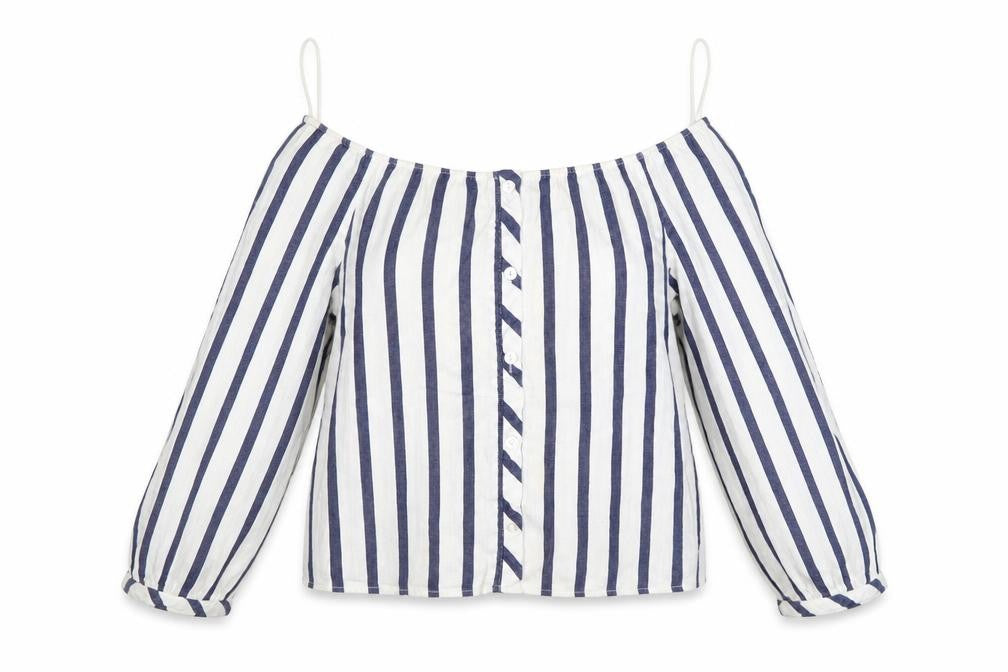 Front view of Miss Selfridge women’s multicoloured striped cotton basic t-shirt, size UK 4, off the shoulder
