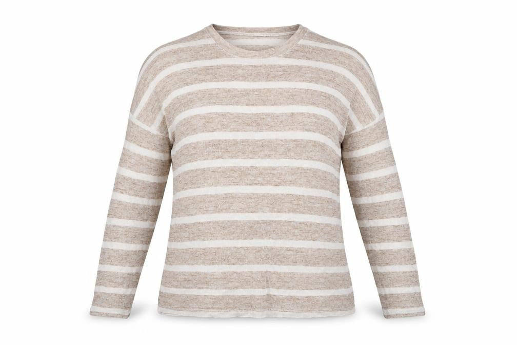 Front view of Atmosphere women’s multicoloured round neck striped viscose jumper, size UK 6