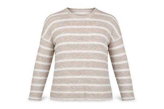 Front view of Atmosphere women’s multicoloured round neck striped viscose jumper, size UK 6
