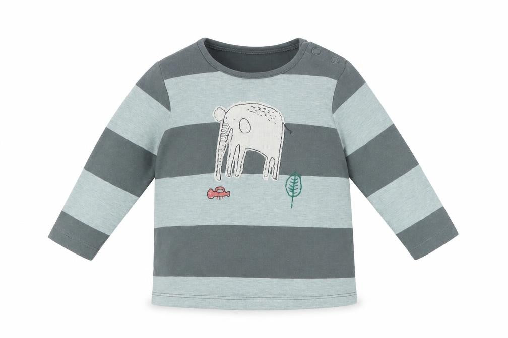 Front view of Next Baby Green Striped Cotton Basic T-Shirt, size 6-9, Months Crew Neck Snap
