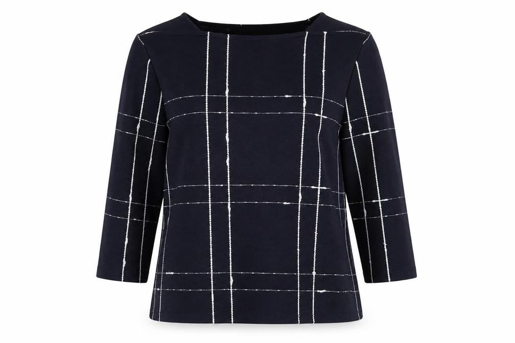 Front view of Bonmarché women’s blue square neck polyester jumper, size UK 10