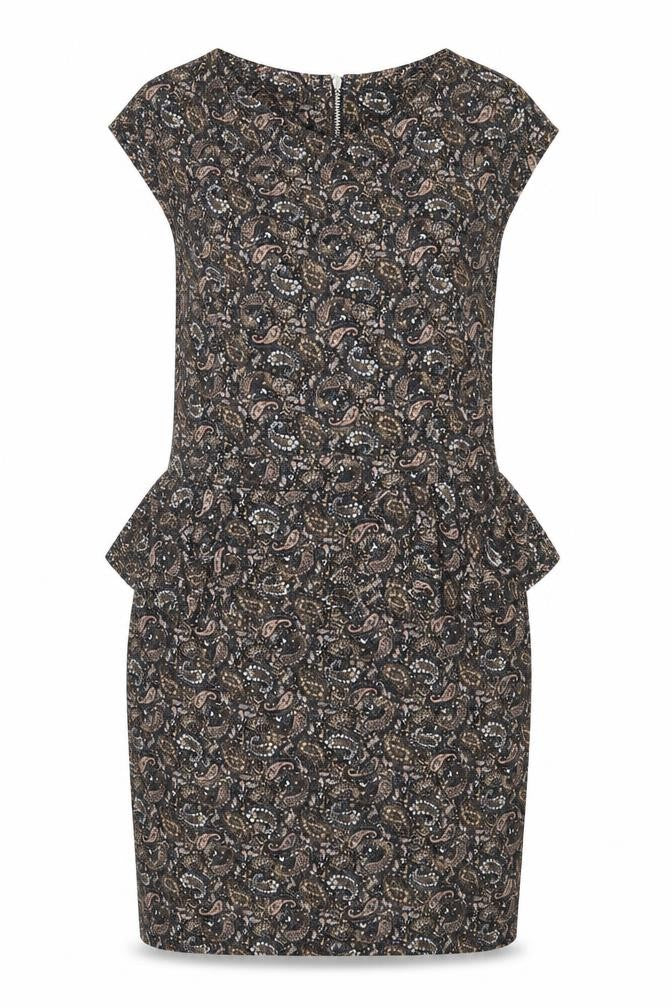 Front view of Warehouse women’s black paisley viscose shift, size UK 16, round neck