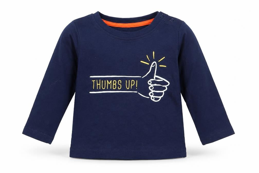 Front view of Mini Rebel boys’ blue cotton basic t-shirt, size 6-9, months round neck