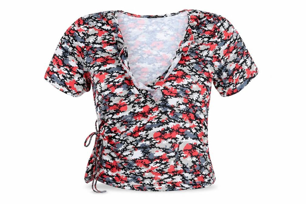 Front view of SHEIN women’s red camouflage polyester basic blouse, size L, v-neck