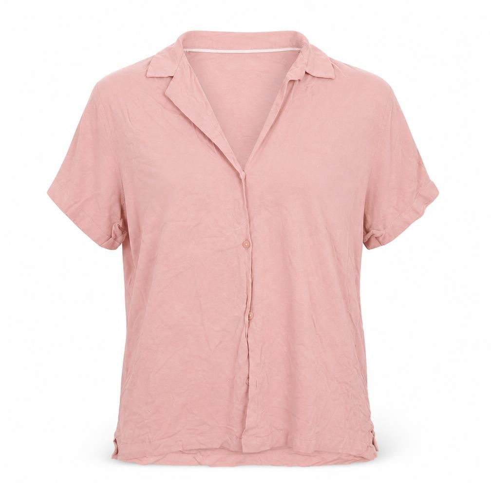 Front view of ASOS women’s pink viscose basic button-up, size M, collared