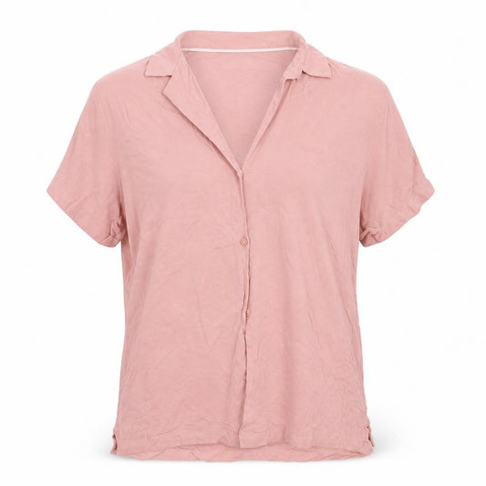 Front view of ASOS women’s pink viscose basic button-up, size M, collared