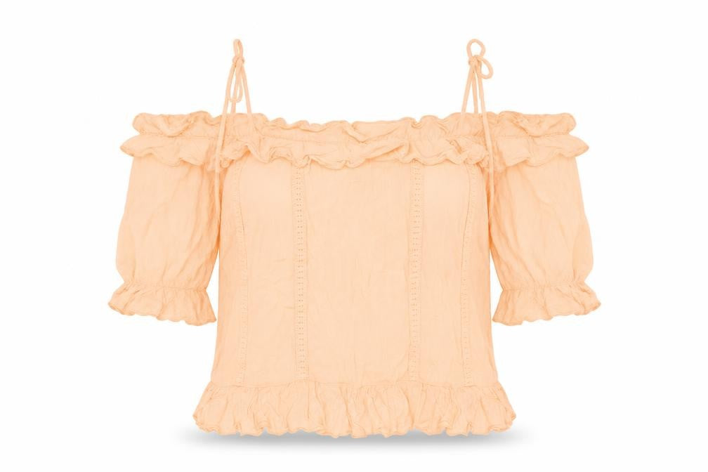 Front view of FB Sister women’s orange polyester basic blouse, size M, round neck - cold shoulder