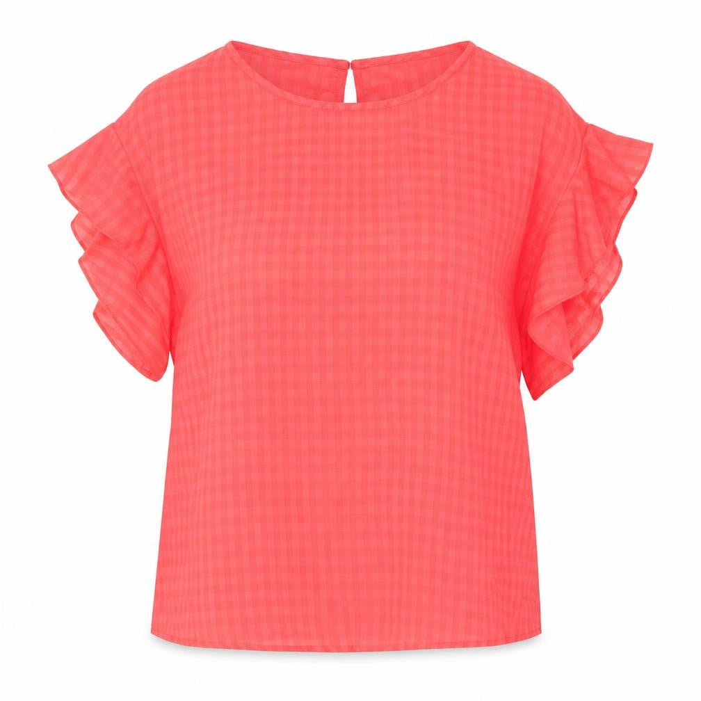 Front view of Papaya women’s pink check polyester basic blouse, size S, round neck