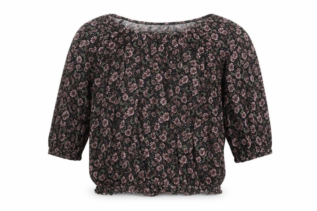 Front view of New Look women’s black floral polyester blend basic blouse, size UK 12, round neck