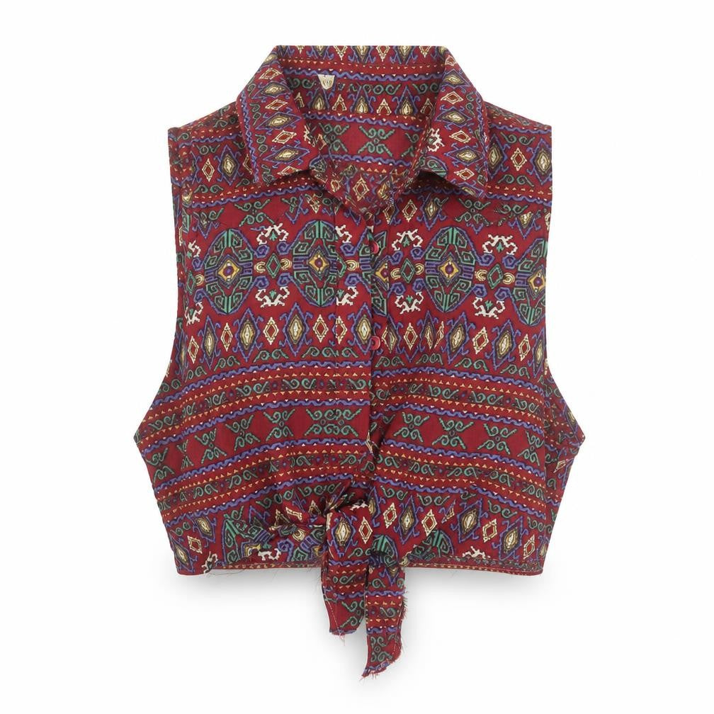 Front view of Glamorous women’s multicoloured geometric polyester cropped blouse, size UK 10, collared