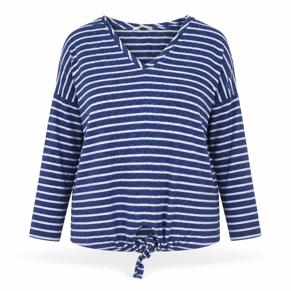 Front view of George women’s blue v-neck striped polyester jumper, size UK 18