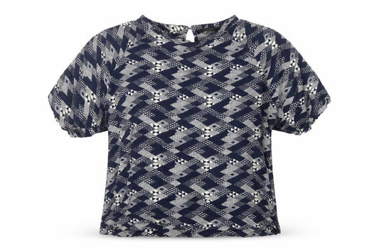 Front view of cassiopeia women’s blue geometric viscose basic blouse, size XL, round neck