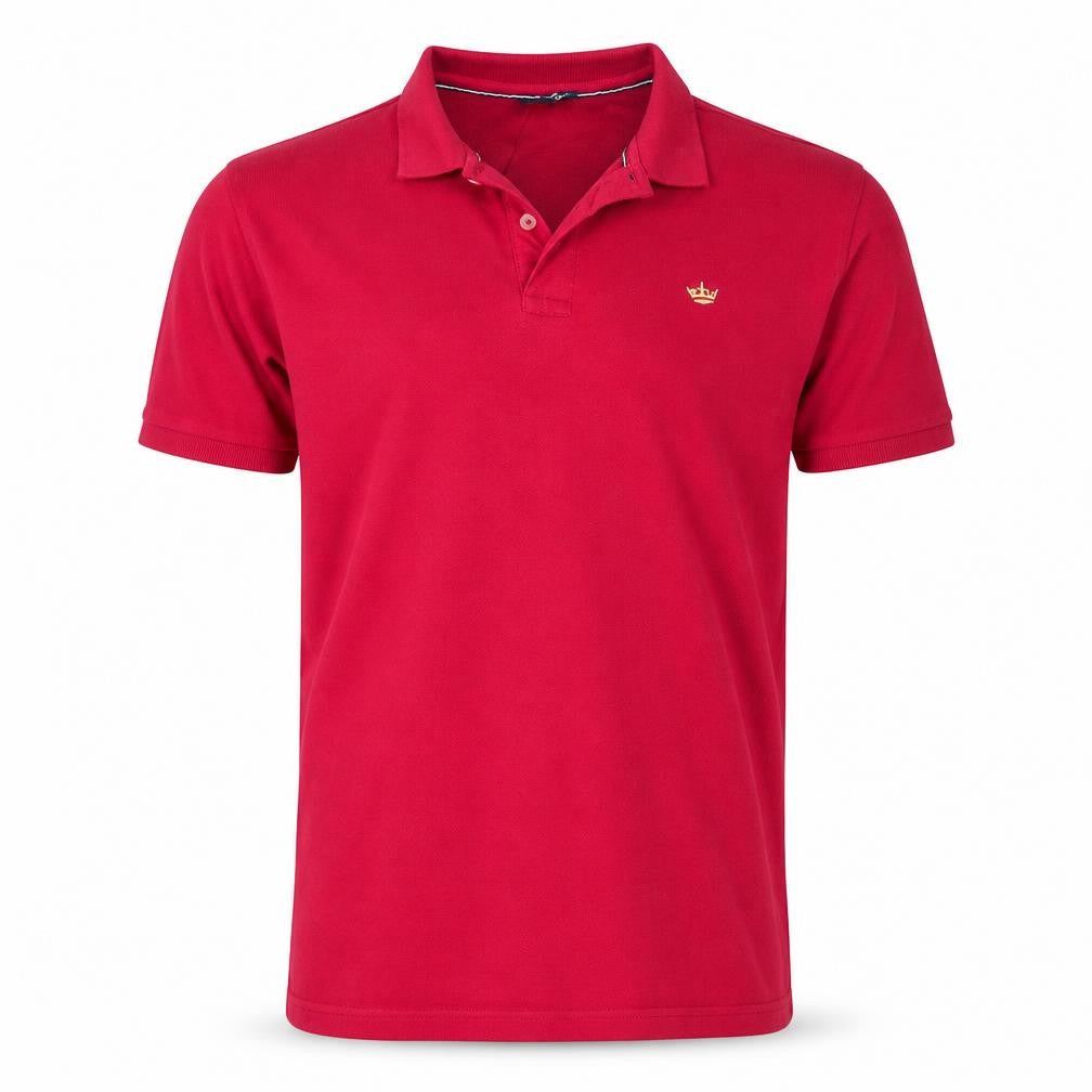 Front view of Industrialize men’s red 100% cotton polo, size M, collared