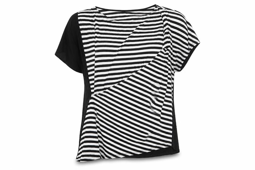Front view of Avon women’s black striped viscose basic blouse, size UK 14, round neck