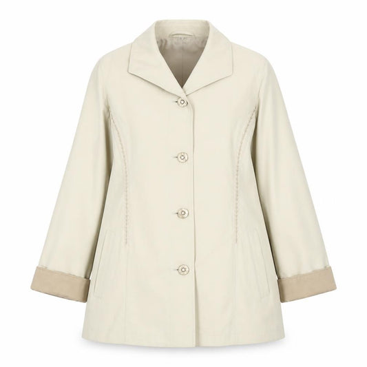Front view of Isabell women’s beige overcoat coat, size UK 12, button