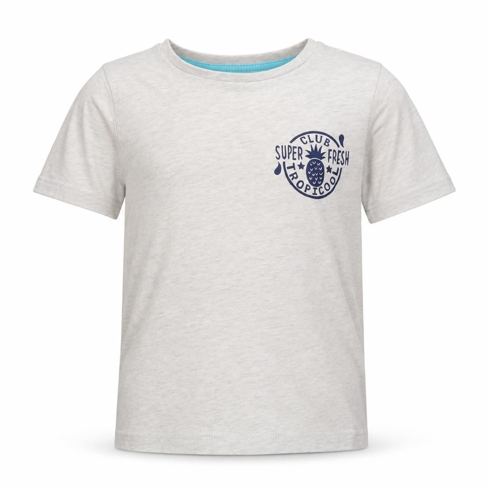 Front view of Tu boys’ beige cotton basic t-shirt, size 5-6, years round neck