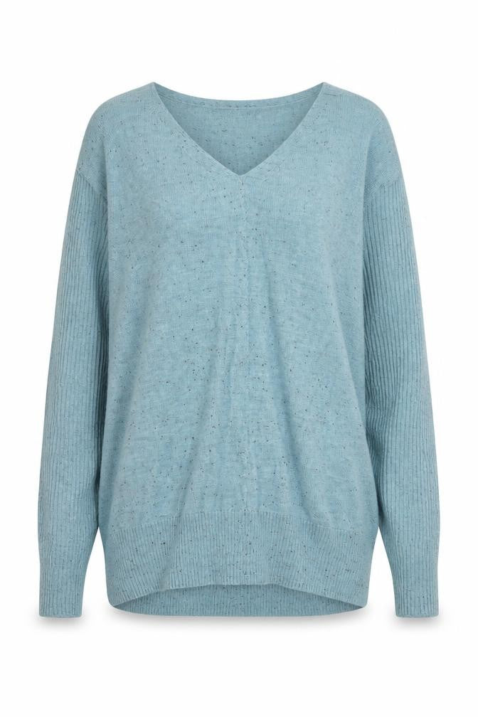 Front view of Primark women’s green v-neck polyester jumper, size UK 8