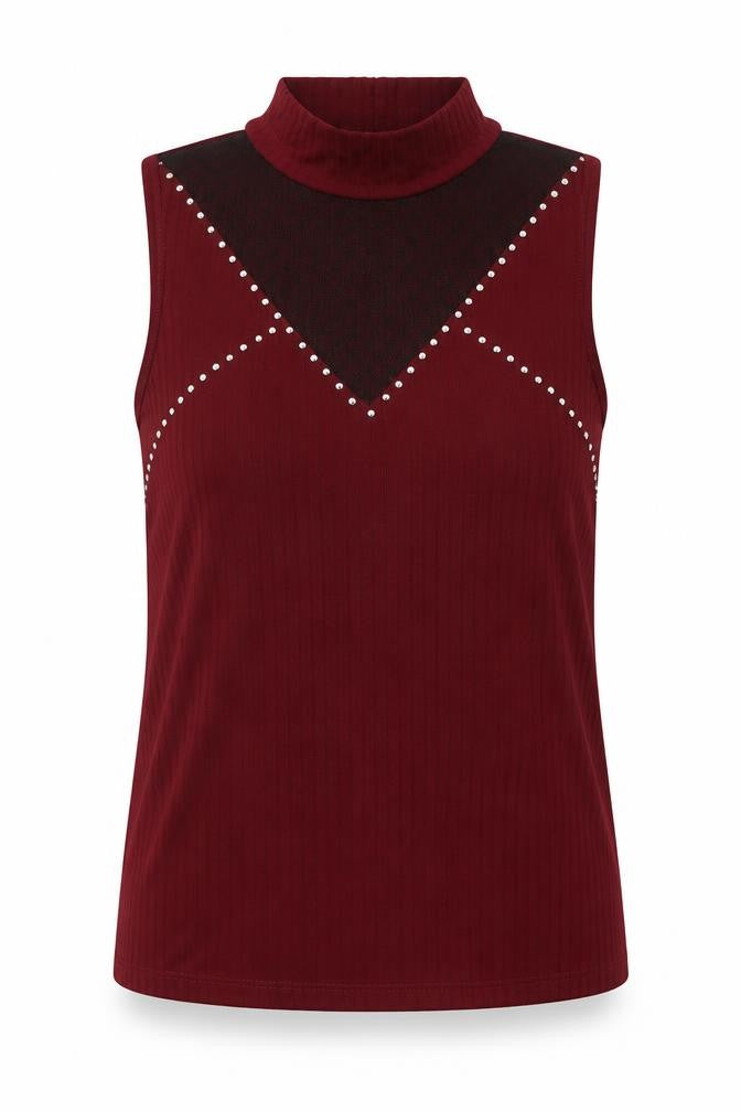 Front view of Select women’s red polyester basic blouse, size L, mock neck - lace detail