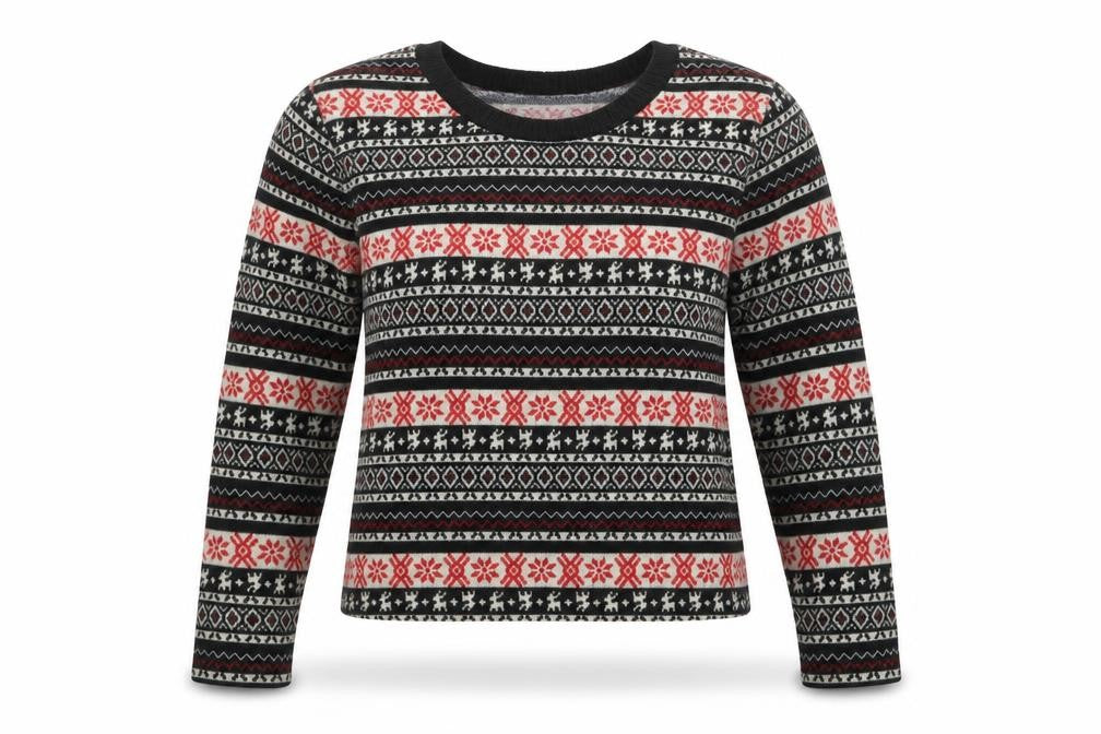 Front view of Pins & Needles women’s black crew neck fair isle polyester jumper, size S