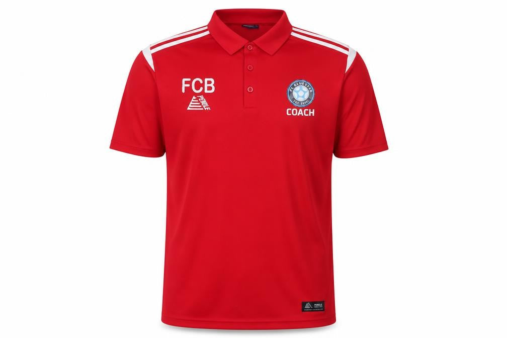 Front view of Pendle men’s red polyester polo, size L, collared button - fc bluestar