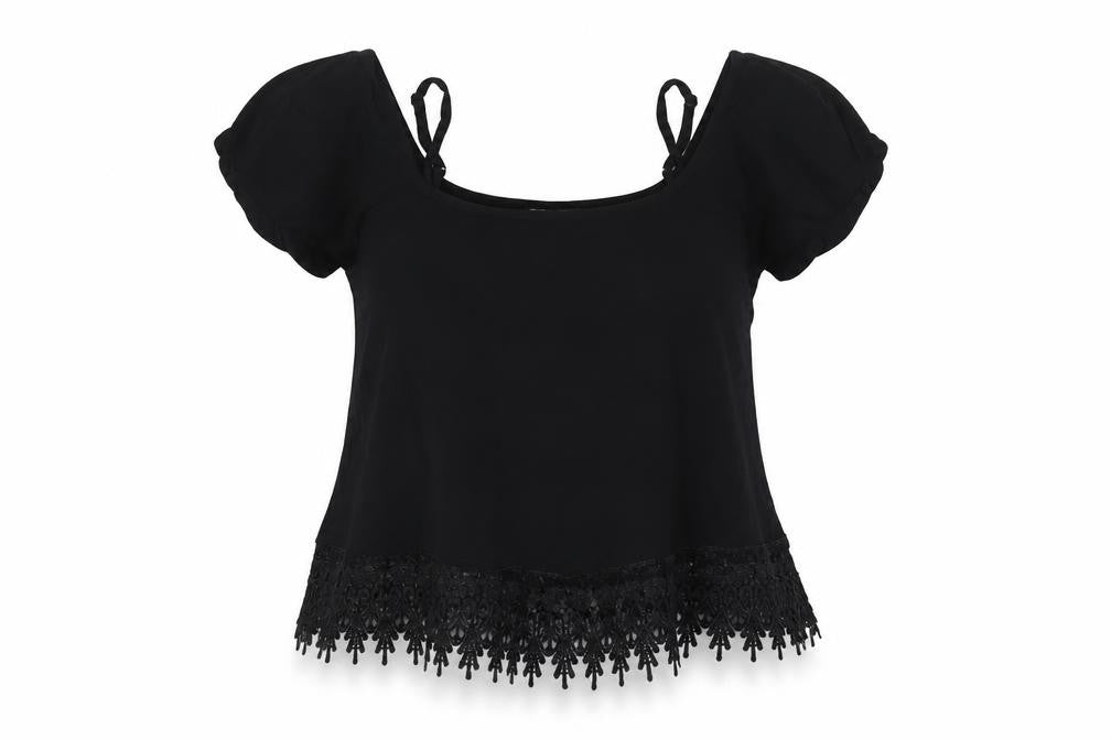 Front view of Select women’s black polyester basic blouse, size UK 12, square neck - lace detail