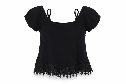 Front view of Select women’s black polyester basic blouse, size UK 12, square neck - lace detail