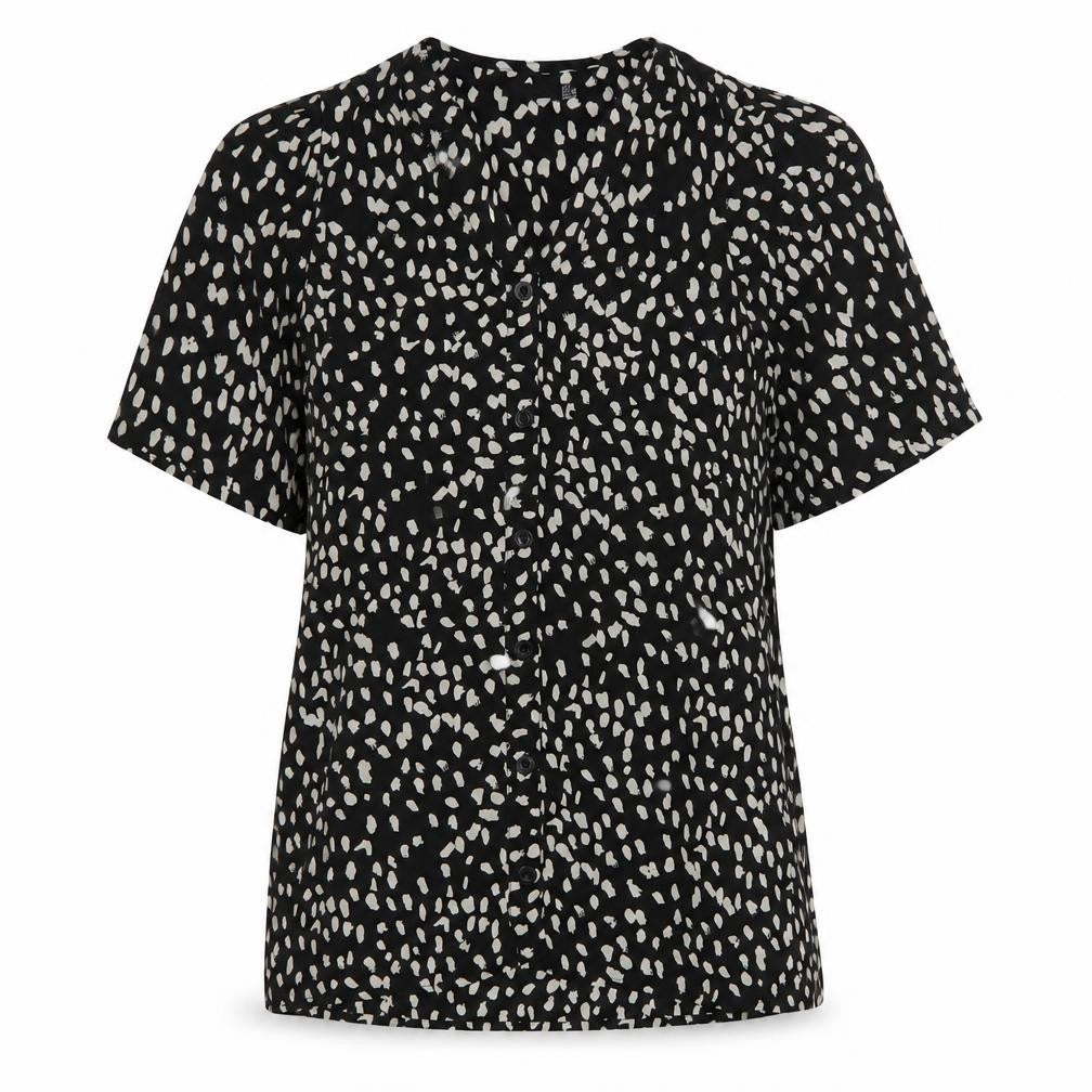 Front view of Boohoo women’s black animal print polyester basic blouse, size UK 10, scoop neck