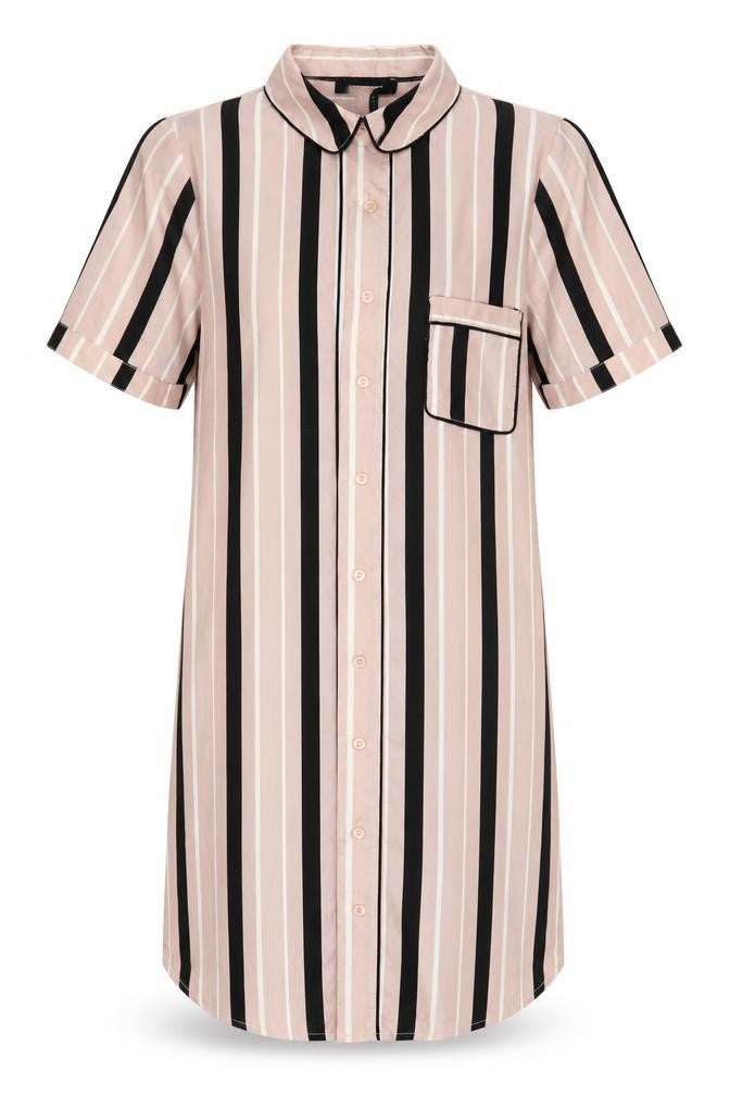 Front view of Atmosphere women’s pink striped polyester basic button-up, size UK 12, collared
