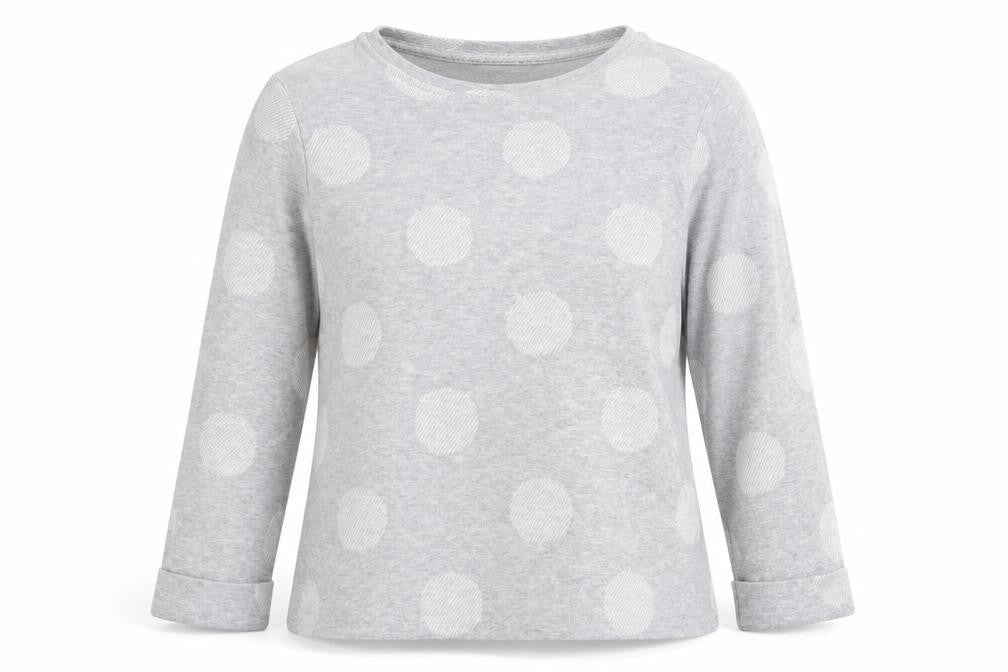 Front view of Marks & Spencer women’s grey round neck polka dot polyester jumper, size UK 14