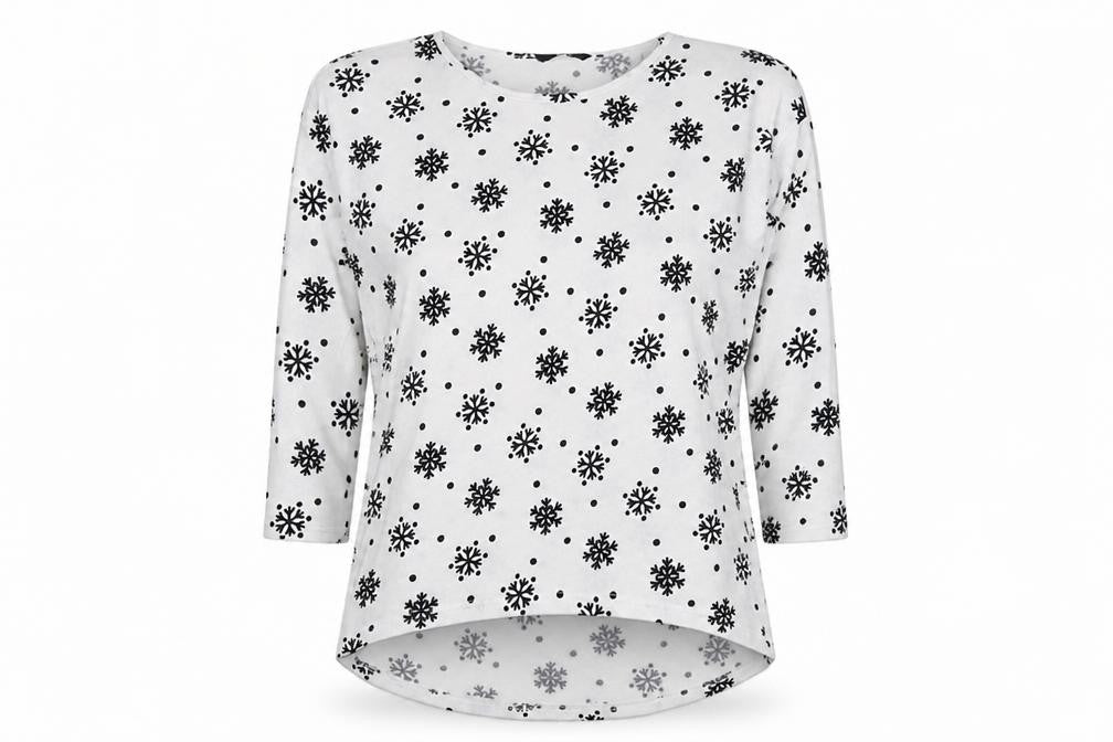Front view of Only women’s white round neck polyester jumper, size L, - snowflakes