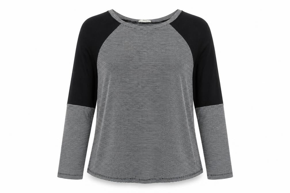 Front view of River Island women’s grey striped viscose basic t-shirt, size UK 10, round neck