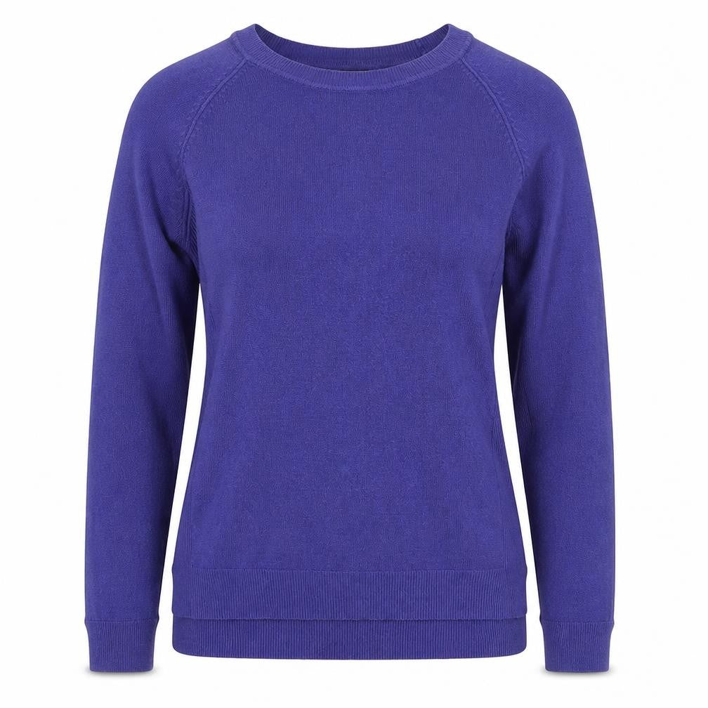Front view of Primark women’s purple round neck acrylic jumper, size UK 10