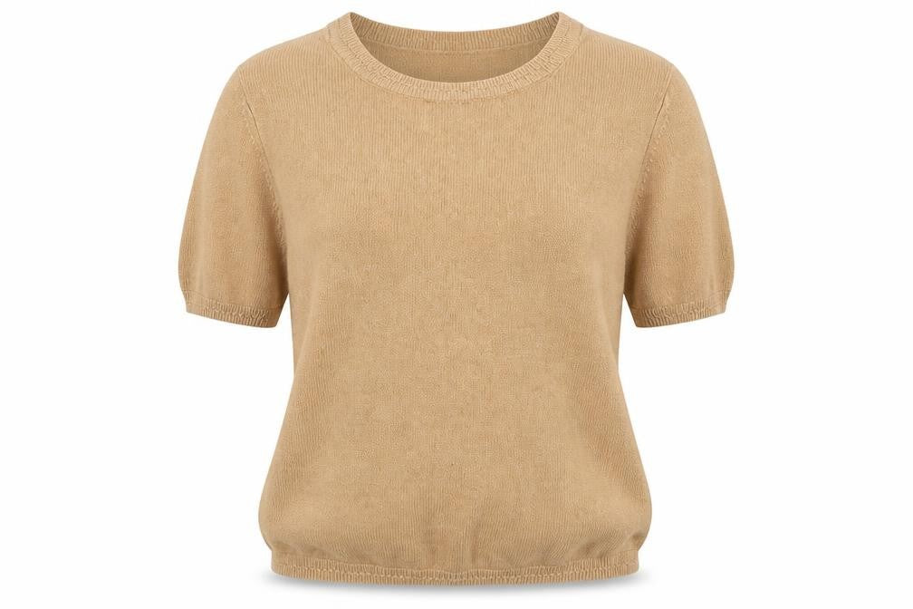 Front view of Marks & Spencer women’s beige round neck acrylic jumper, size UK 12