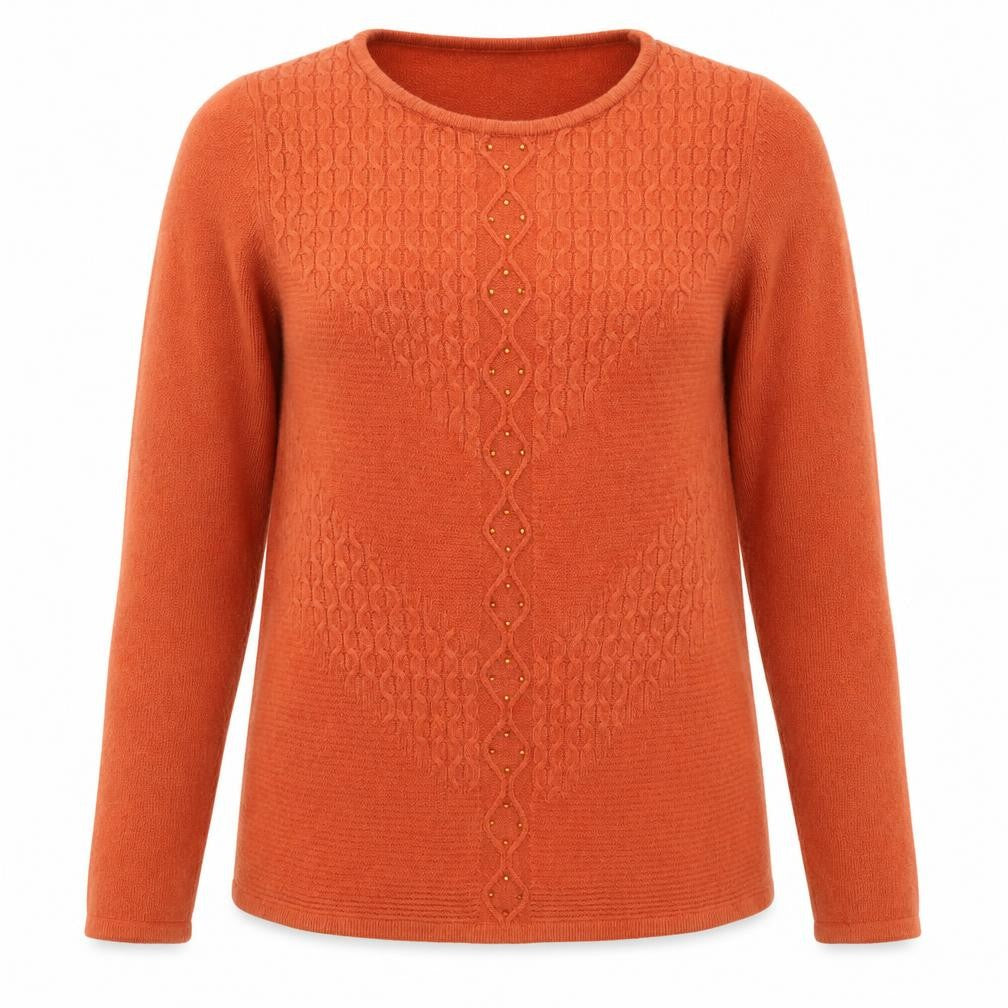 Front view of Anna Rose women’s orange round neck acrylic jumper, size S