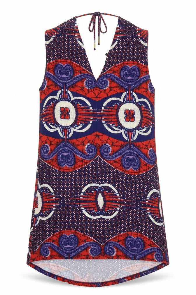 Front view of Next women’s blue geometric viscose basic tank, size UK 10, v-neck - red