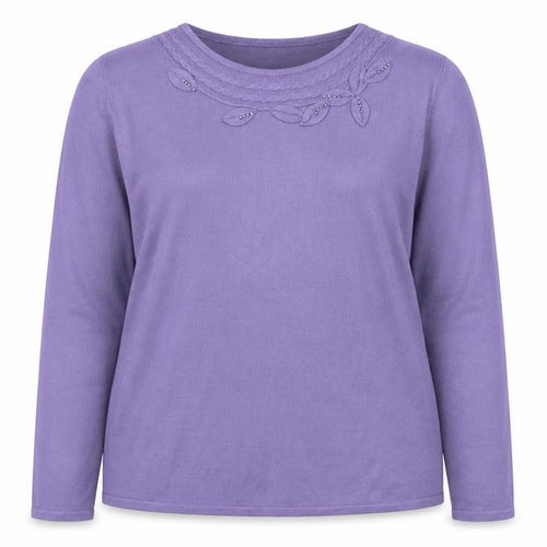 Bonmarché Womens Purple Round Neck  Acrylic Pullover Jumper Size M   - Leaves