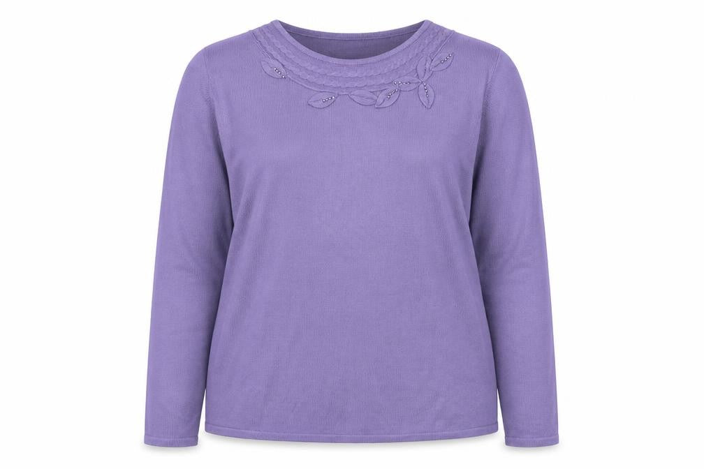 Bonmarché Womens Purple Round Neck  Acrylic Pullover Jumper Size M   - Leaves
