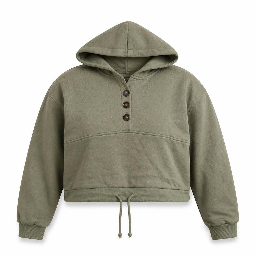 Front view of Primark women’s green polyester pullover hoodie, size UK 6, pullover